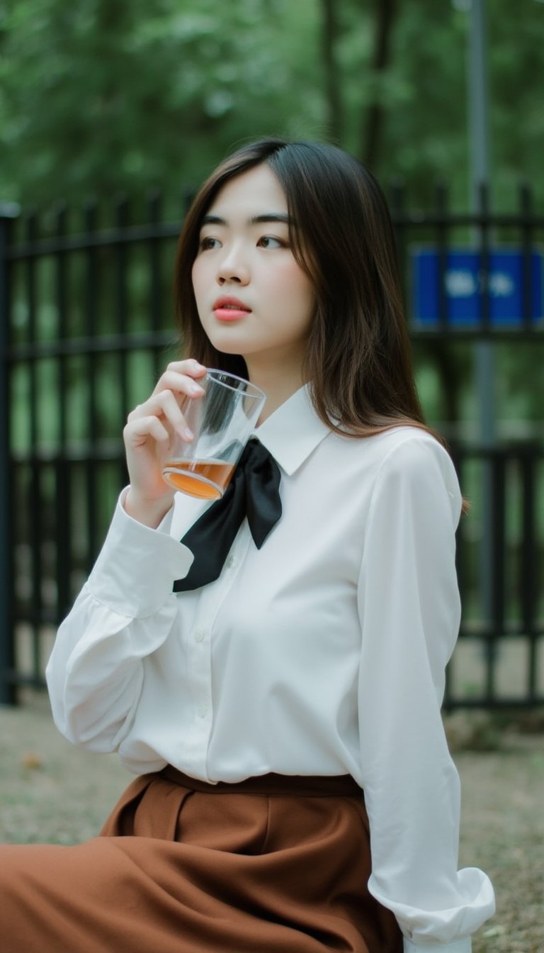 A young Asian woman with long brown hair sits pensively on her knees, clad in a crisp white button-down shirt and flowing brown skirt. Her posture is relaxed, yet deliberate, as she holds a glass of liquid in her right hand and rests her left on her hip. A black tie adds a touch of sophistication to her outfit. The background, blurred with greenery, features a black metal fence with a blue sign, creating a sense of depth and mystery.