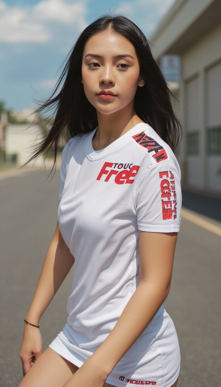 A dynamic portrait captures a young woman's confident stride, her long dark brown hair flowing behind her as she wears a striking white fitted t--shirt dress emblazoned with bold red letters Touch and black letters Free. The blurred background subtly highlights the building on the right side of the frame, drawing attention to the subject's powerful pose.