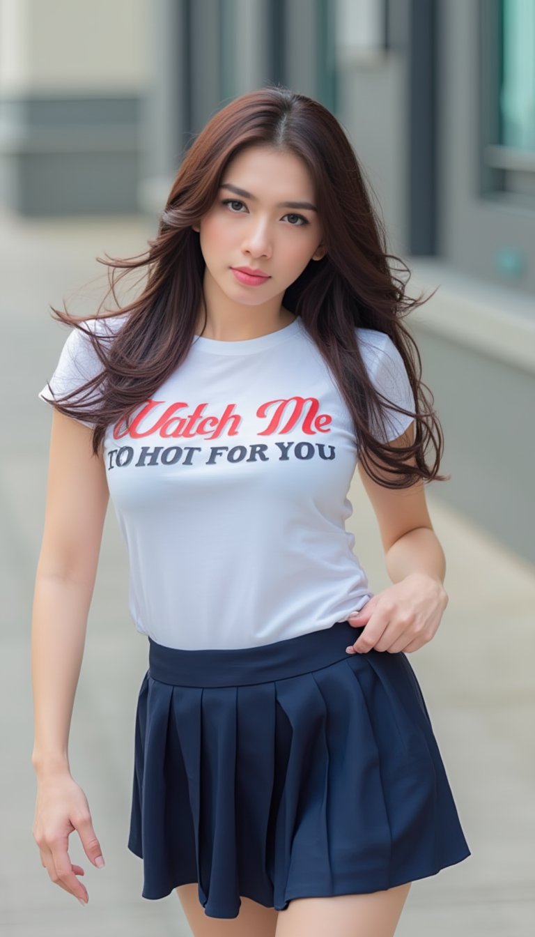 Captured at eye-level, a medium-sized young woman with long dark brown hair, wearing a white fitted t-shirt and a navy pleated miniskirt. The woman's shirt reads "Watch Me" in bold red letters, "To Hot For You" in black letters. Dynamic pose The background is blurred, with a building on the right side of the frame. 