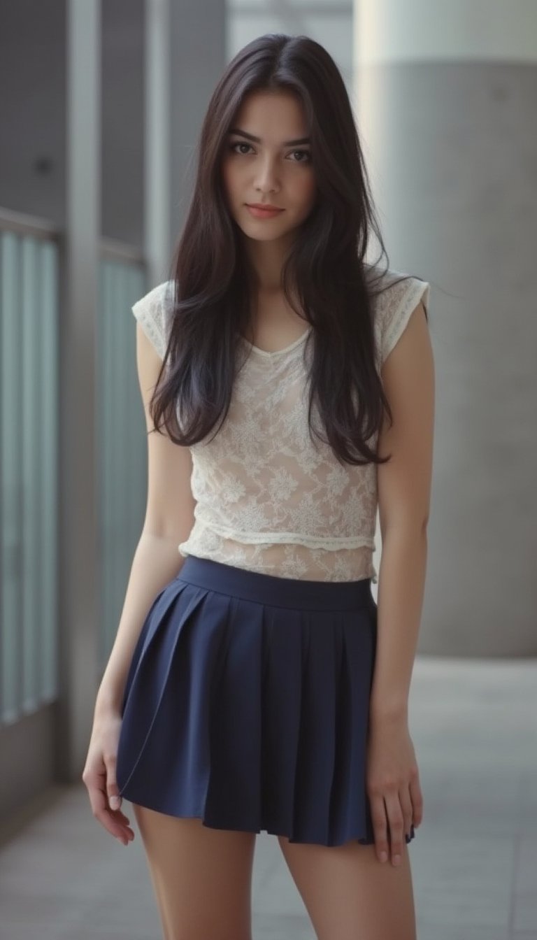 A youthful woman, her raven locks cascading down her back, stands confidently in a dynamic pose. Wearing a sheer white singlet that cleverly conceals her modesty, and a navy pleated miniskirt that showcases her toned legs. The blurred background allows the building on the right to subtly frame her striking figure, drawing attention to her captivating presence.