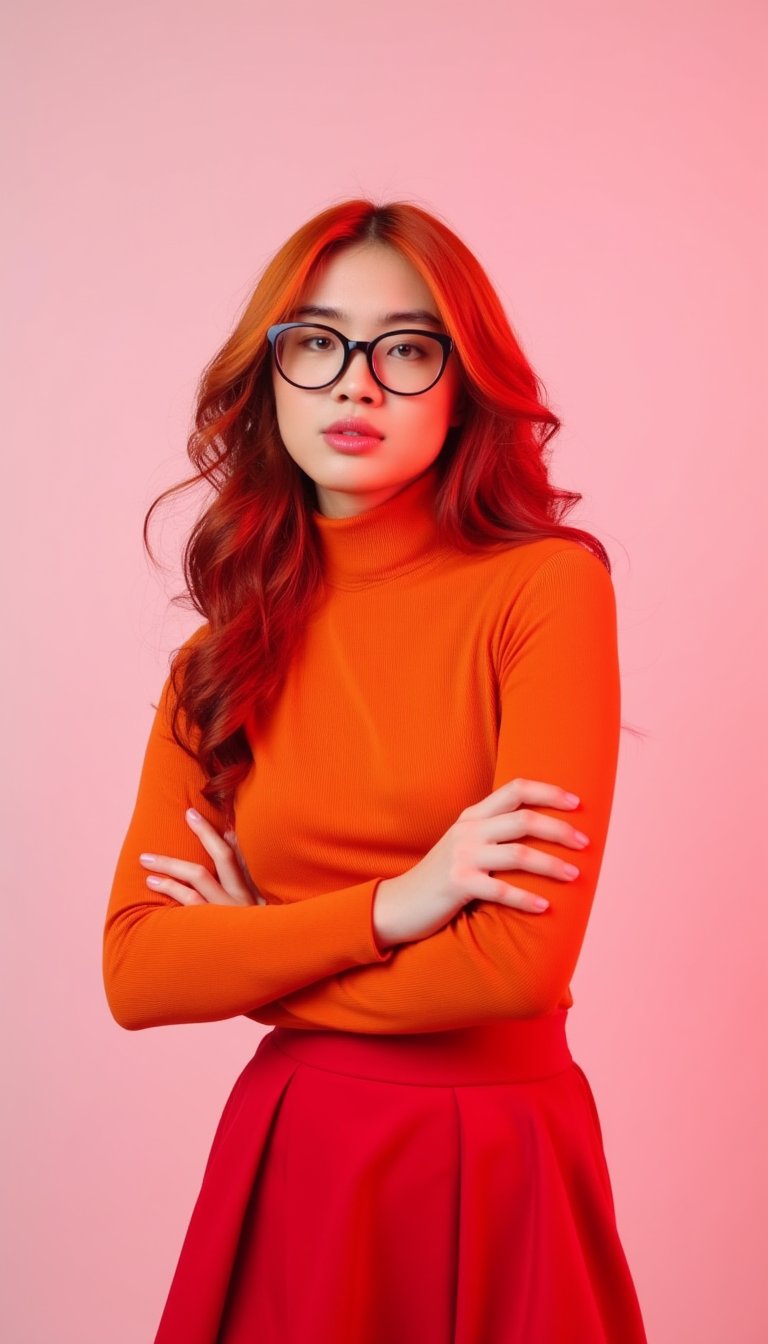 Vibrant red-haired woman stands confidently, arms wrapped around her waist, in front of a stark white backdrop subtly tinged with pink. Her fiery locks cascade down her shoulders, framing her heart-shaped face. She wears an orange turtleneck, flowing red skirt, and sleek black-rimmed glasses. Her piercing blue eyes sparkle beneath soft pink lips. The overall palette pops against the monochromatic background, drawing attention to her bold presence.