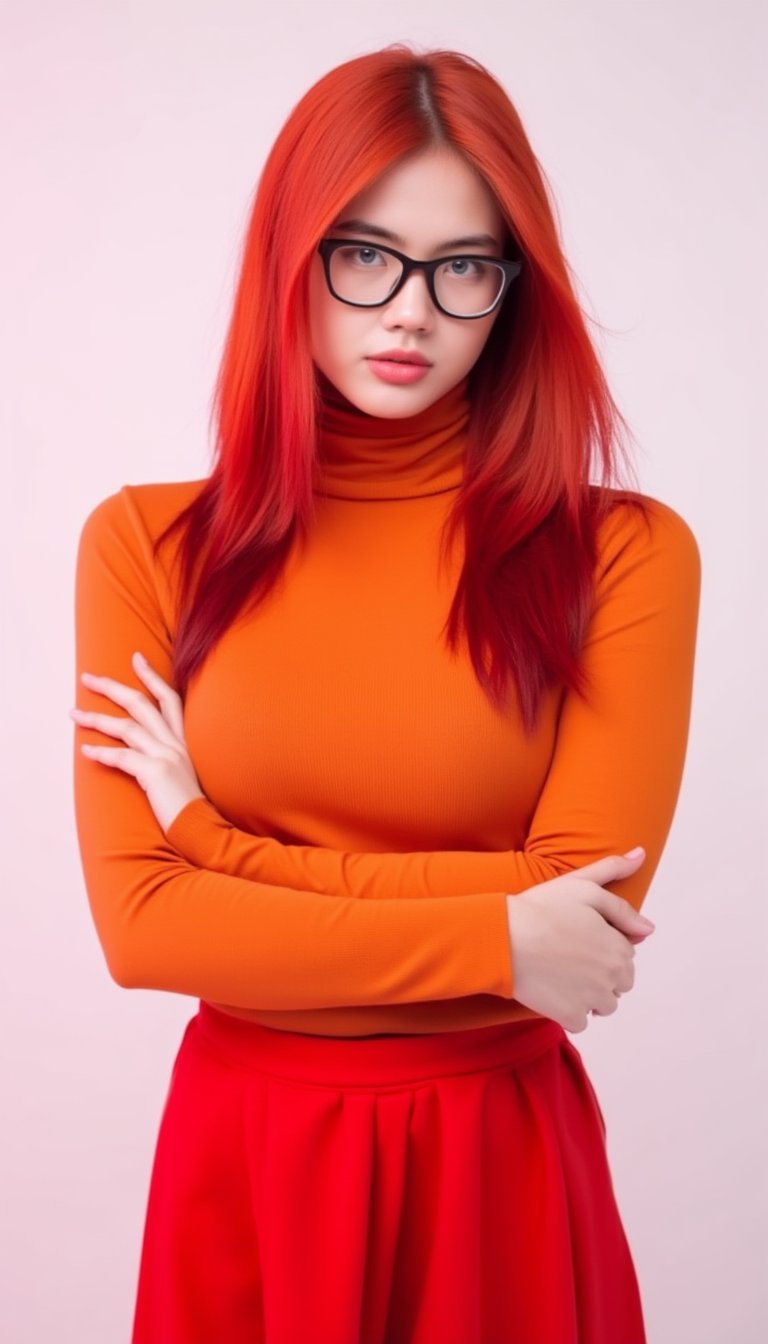 Vibrant red-haired woman stands confidently, arms wrapped around her waist, in front of a stark white backdrop subtly tinged with pink. Her fiery locks cascade down her shoulders, framing her heart-shaped face. She wears an orange turtleneck, flowing red skirt, and sleek black-rimmed glasses. Her piercing blue eyes sparkle beneath soft pink lips. The overall palette pops against the monochromatic background, drawing attention to her bold presence.