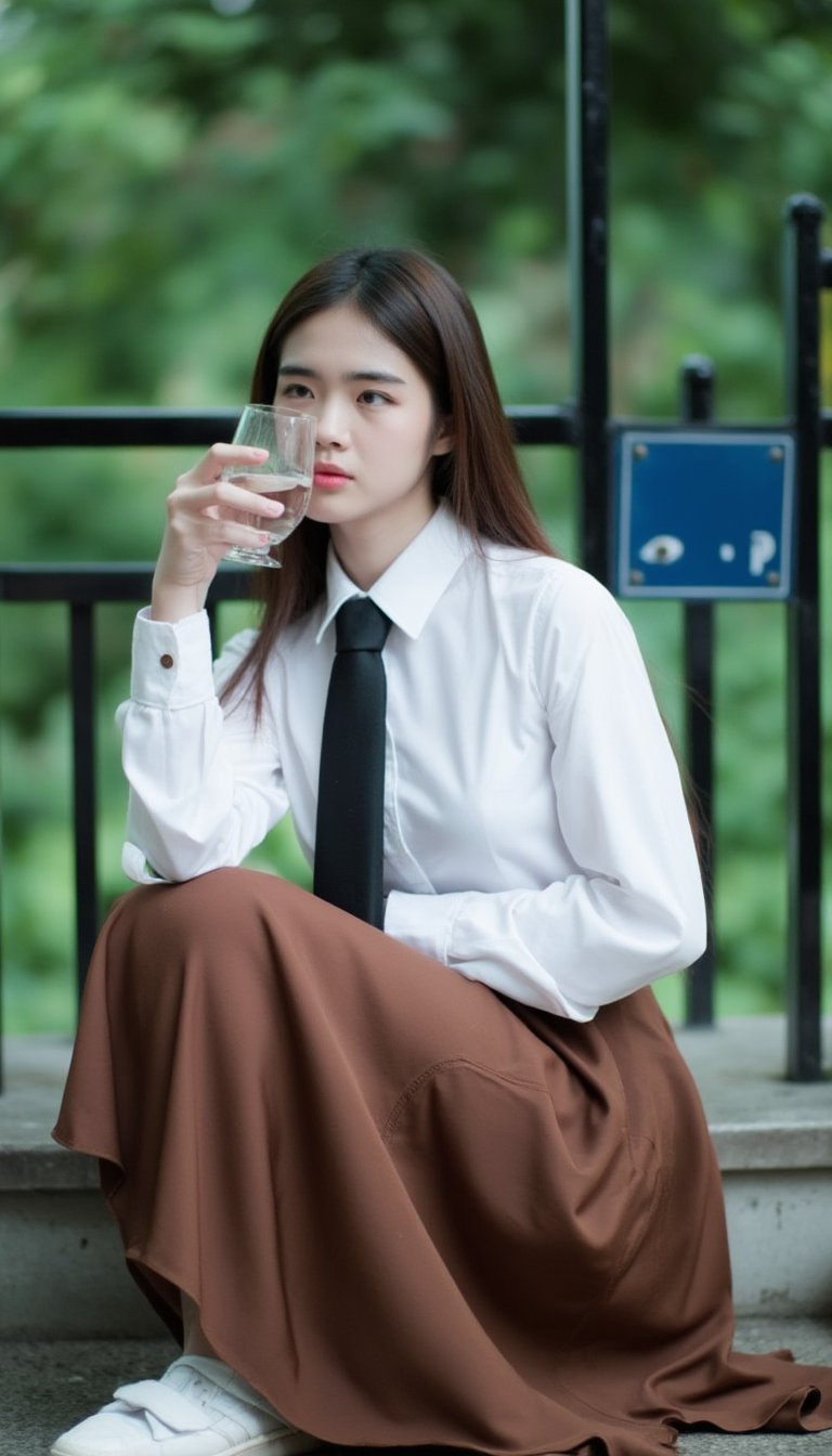 A young Asian woman with long brown hair sits pensively on her knees, clad in a crisp white button-down shirt and flowing brown skirt. Her posture is relaxed, yet deliberate, as she holds a glass of liquid in her right hand and rests her left on her hip. A black tie adds a touch of sophistication to her outfit. The background, blurred with greenery, features a black metal fence with a blue sign, creating a sense of depth and mystery.