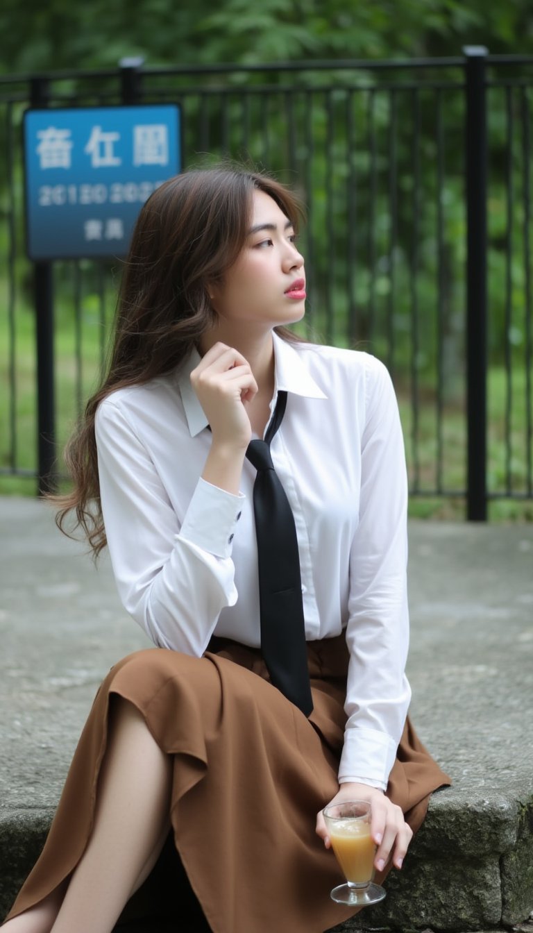 A young Asian woman with long brown hair sits pensively on her knees, clad in a crisp white button-down shirt and flowing brown skirt. Her posture is relaxed, yet deliberate, as she holds a glass of liquid in her right hand and rests her left on her hip. A black tie adds a touch of sophistication to her outfit. The background, blurred with greenery, features a black metal fence with a blue sign, creating a sense of depth and mystery.