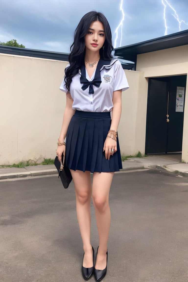 ((best quality)), (masterpiece,  top quality,  best quality, (1girl:1.2), full body, cute, extreme detailed, (black_hair:1.1), highest detailed, lightning, (jewelry:1.4), school uniform, long curly wave hair, full_body, school uniform, photorealistic
