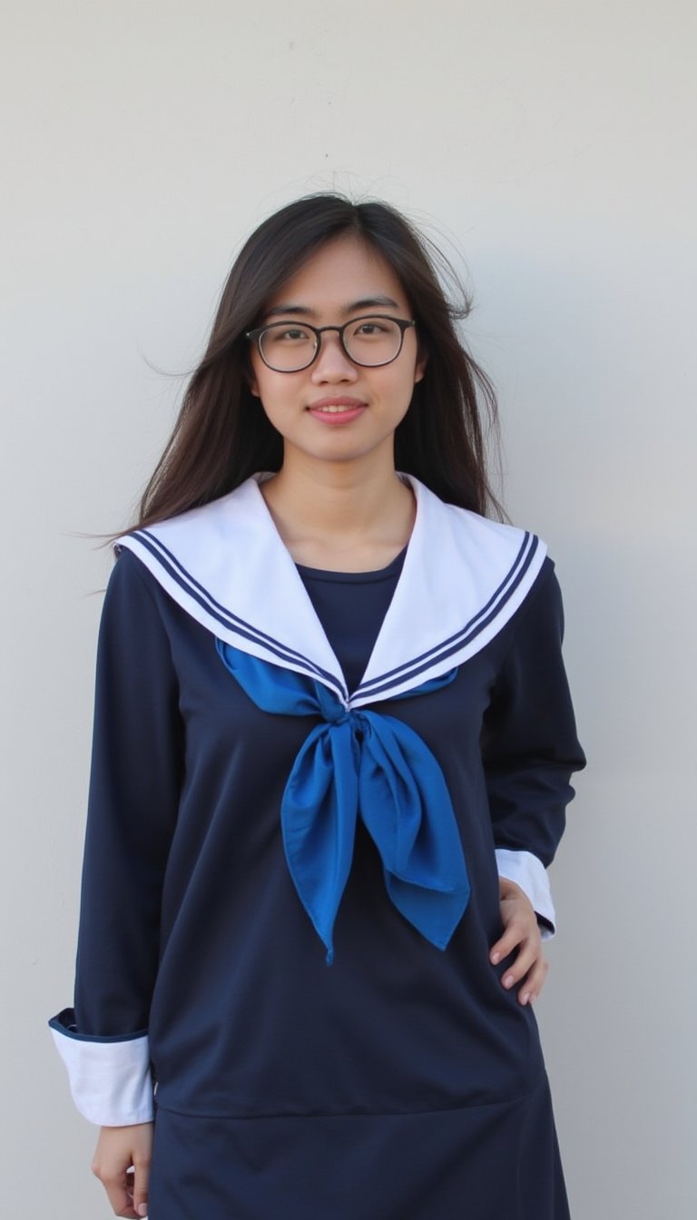 a young woman, dressed in a navy blue and white school uniform, adorned with a blue scarf tied around her neck. She is standing in front of a white wall, her hair cascading over her shoulders, adding a touch of movement to her face. She's wearing a pair of black framed eye glasses, her left hand resting on her hip. Her right hand is draped over her right shoulder, adding depth to the composition.