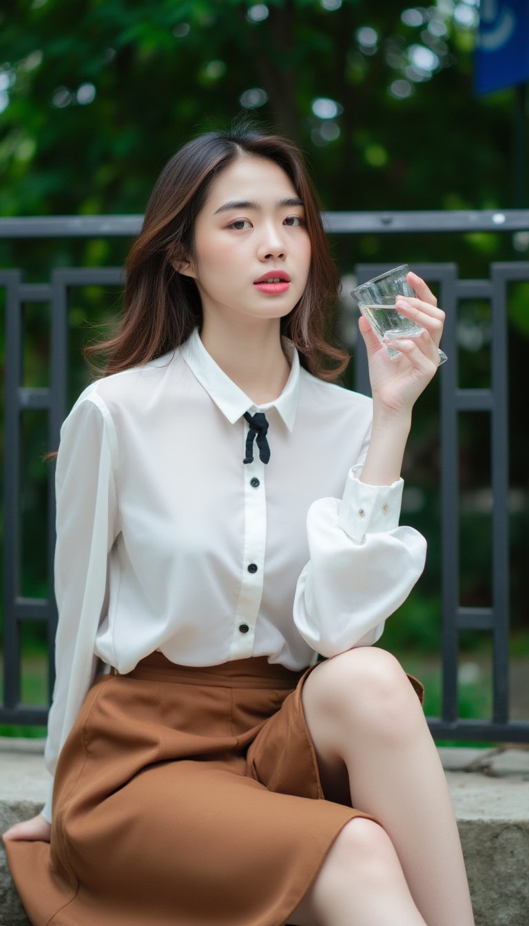 A young Asian woman with long brown hair sits pensively on her knees, clad in a crisp white button-down shirt and flowing brown skirt. Her posture is relaxed, yet deliberate, as she holds a glass of liquid in her right hand and rests her left on her hip. A black tie adds a touch of sophistication to her outfit. The background, blurred with greenery, features a black metal fence with a blue sign, creating a sense of depth and mystery.