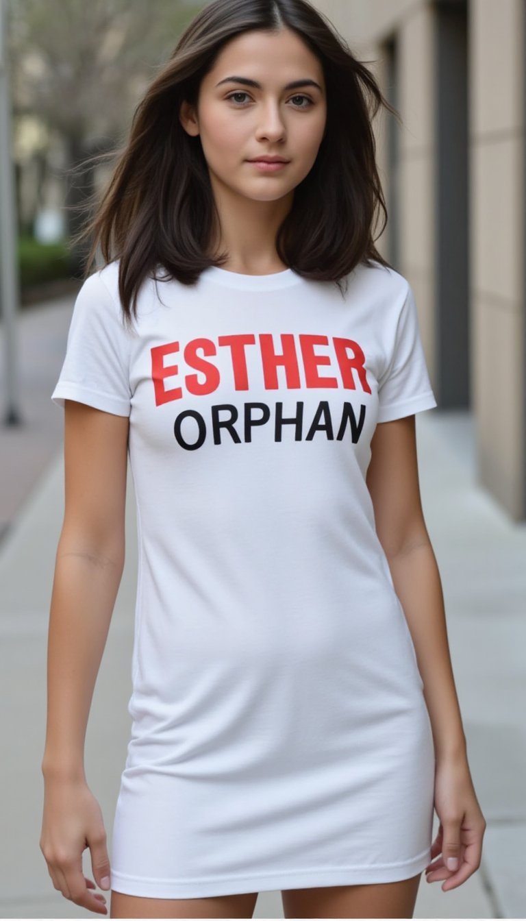 A dynamic portrait captures a young woman's confident stride, her long dark brown hair flowing behind her as she wears a striking white fitted t--shirt dress emblazoned with bold red letters Esther and black letters ORPHAN. The blurred background subtly highlights the building on the right side of the frame, drawing attention to the subject's powerful pose.