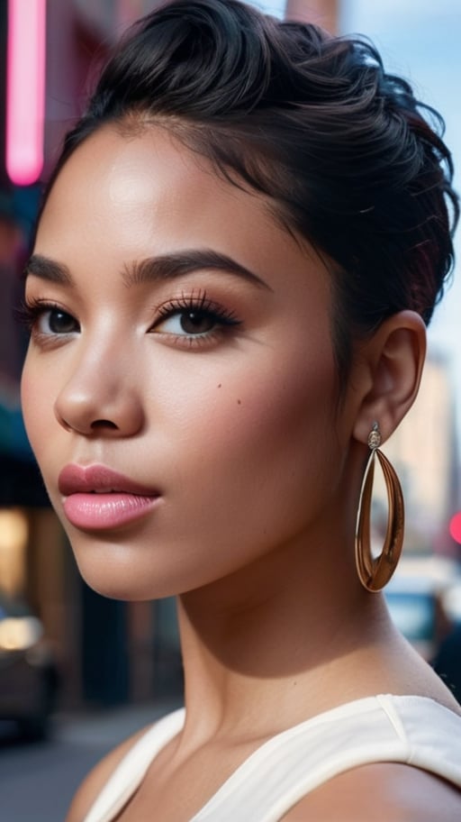 A stunning young Black mixed-race woman with a bold tattoo on her arm, poses confidently against the vibrant backdrop of a bustling city. Her oval-shaped face is framed by a radiant glow, accentuating her frosty-pink lips and small earrings. Every detail, from the intricate design on her tattoo to the fine lines on her face, exudes high-quality craftsmanship. The photorealistic image captures the essence of urban beauty.