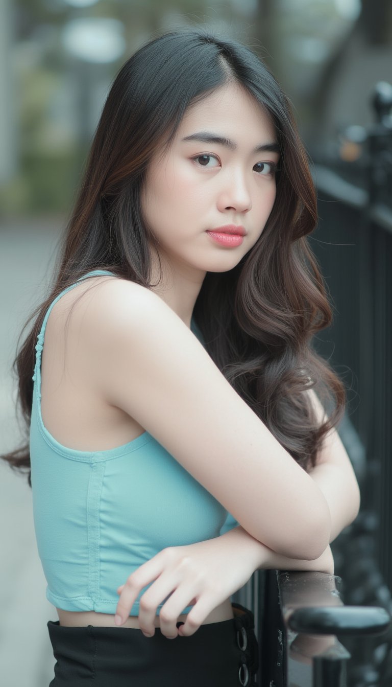 A close-up shot of a young Asian woman with long brown hair, wearing a light blue sleeveless top and a black skirt. She is leaning on a black metal fence, her left arm resting on the fence post. The background is blurred, creating a soft focus on the woman's face. The woman's right arm is slightly bent at the elbow, adding a touch of balance to her body.