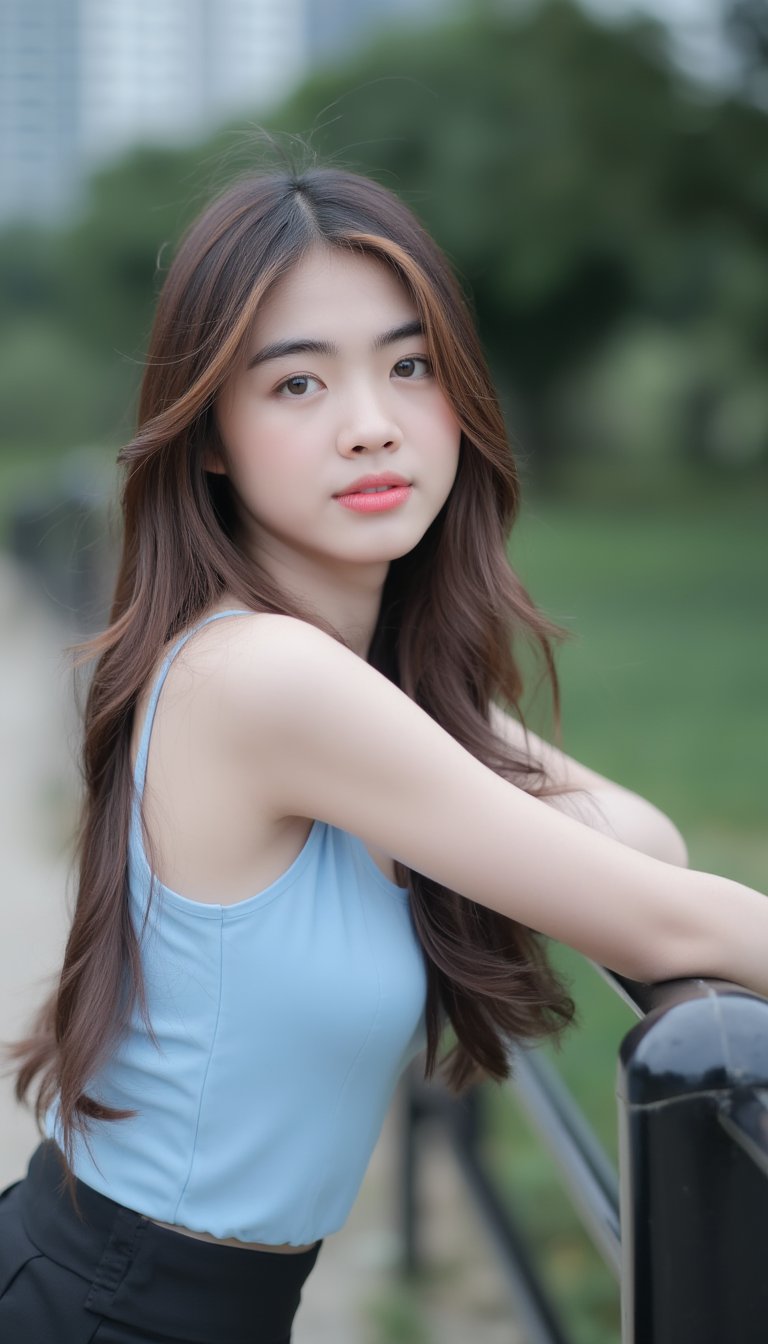 A close-up shot of a young Asian woman with long brown hair, wearing a light blue sleeveless top and a black skirt. She is leaning on a black metal fence, her left arm resting on the fence post. The background is blurred, creating a soft focus on the woman's face. The woman's right arm is slightly bent at the elbow, adding a touch of balance to her body.