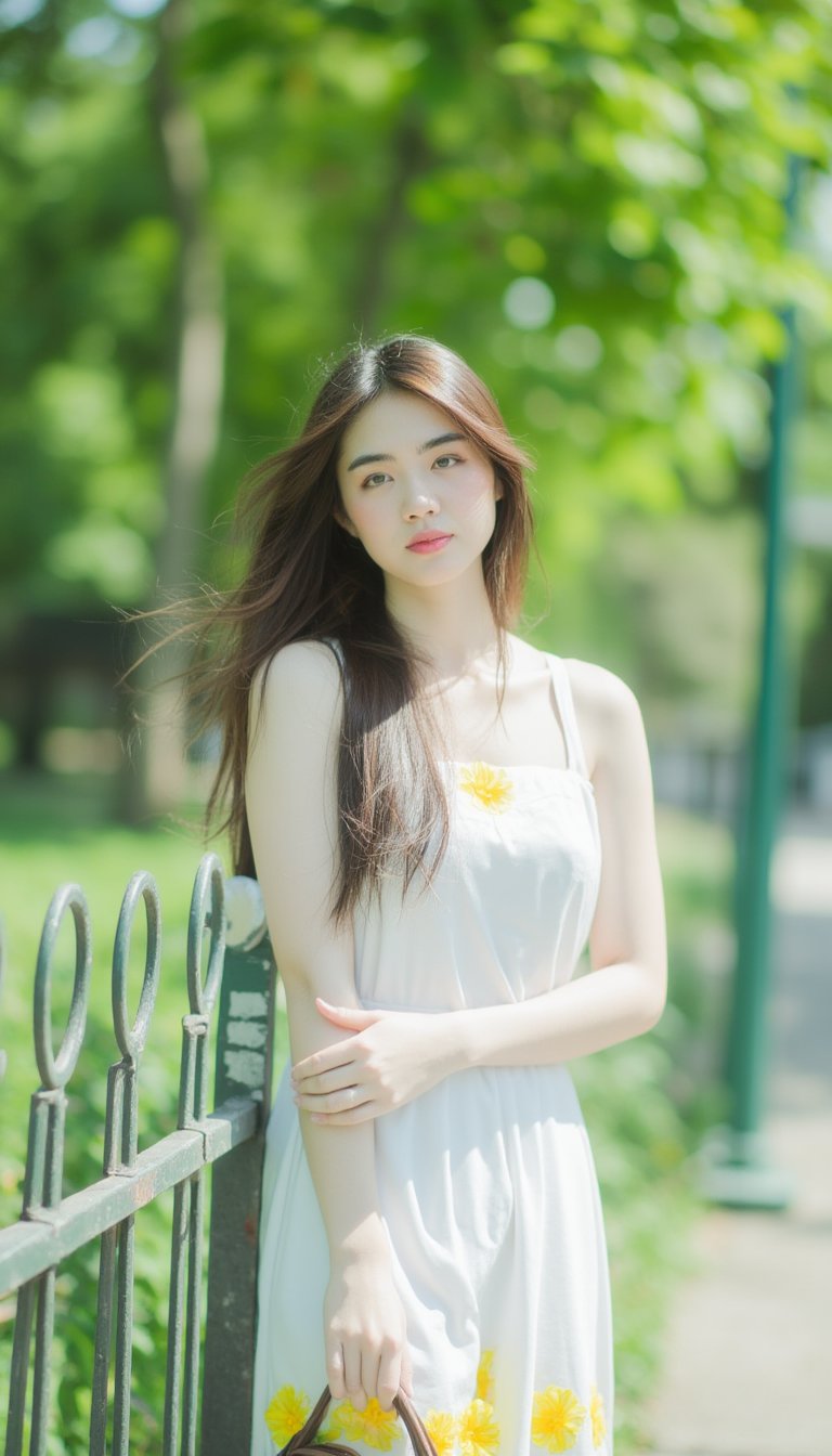 A serene woman stands on a sunny sidewalk, her long brown hair blowing gently in the breeze. She wears a sleeveless white dress, adorned with vibrant yellow flowers, as she leans against a weathered green metal fence. Her left hand cradles a brown purse, while her right arm is relaxed by her side. The lush green trees behind her blur into a soft focus, punctuated by splashes of color from the bright flowers and her dress.