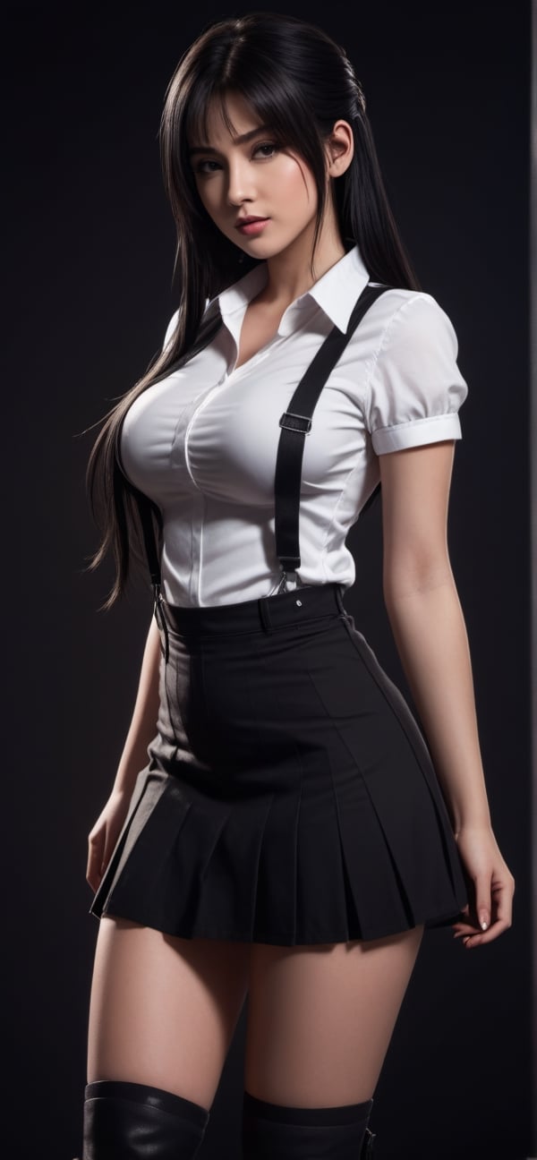 drawing, dramatic, 1girl, 21 years old cute girl, tifa_lockhart, black hair, long hair, white_shirt, black skirt, suspenders, black boots , petite body, mediumbreasts, standing, simple background, dark background