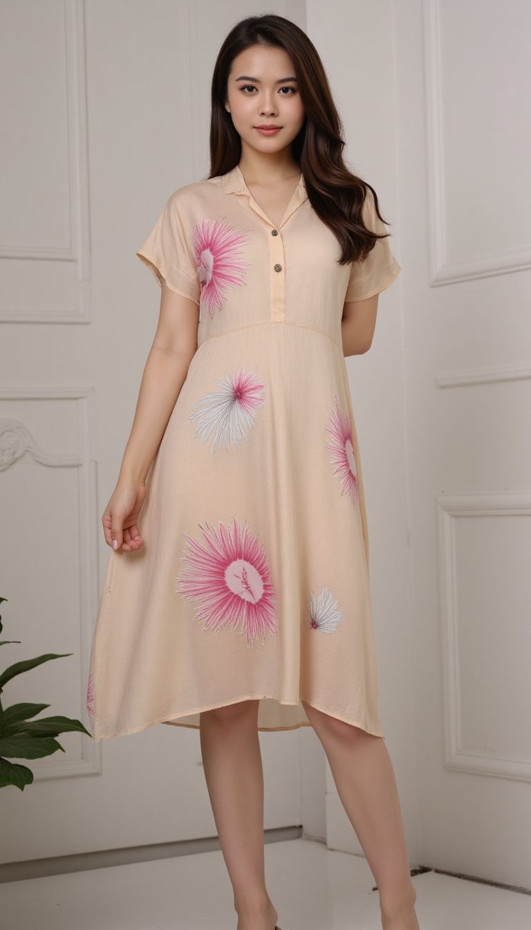 A slender young woman stands confidently on corporate room, donning a striking sheer silk flower oversize short dress . Her hair is long brown, drawing attention to her slender figure.,boyfriendshirt,d4st3r