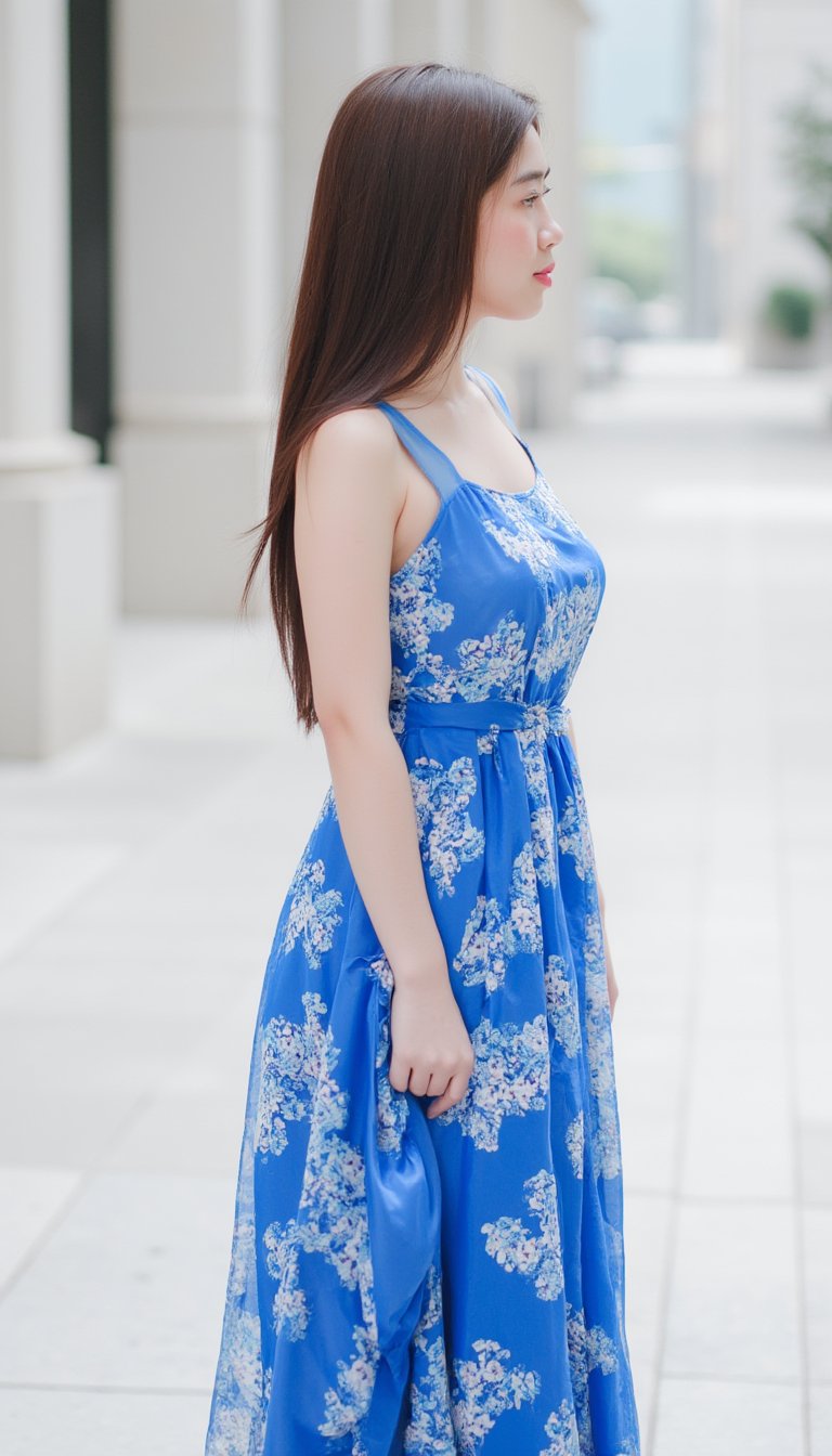 A young Asian woman stands on a white sidewalk, her left arm resting on her hip. She is facing the right side of the frame, her right arm is slightly bent at the elbow. Her left arm is draped in a sleeveless blue dress, adorned with a pattern of blue and white flowers. Her brown hair is cascading down her back, adding a pop of color to her face. The backdrop is blurred, creating a stark contrast to the woman's dress.