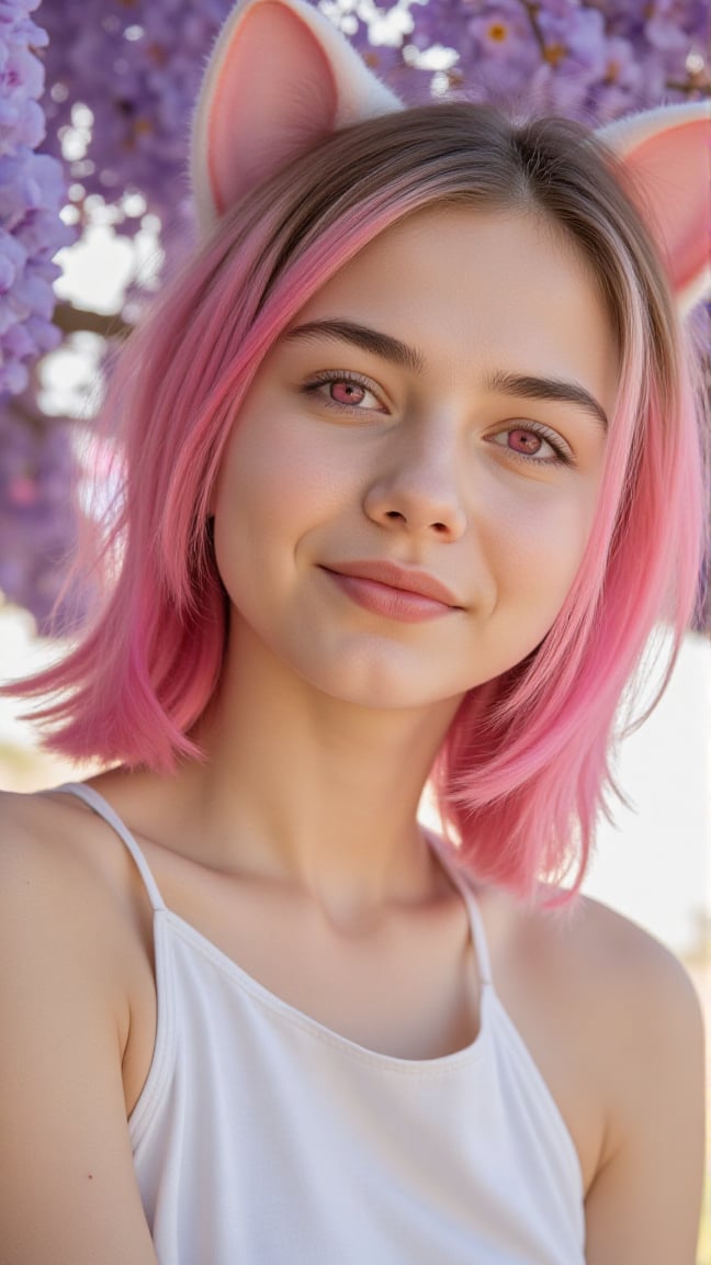 1girl, solo, cute girl with pink hair, pink eyes, wisteria flower background, soft natural light, cat ears, sleeveless white shirt, RAW candid cinema, 16mm, color graded portra 400 film, remarkable color, ultra realistic, textured skin, remarkable detailed pupils, realistic dull skin noise, visible skin detail, skin fuzz, dry skin, shot with cinematic camera