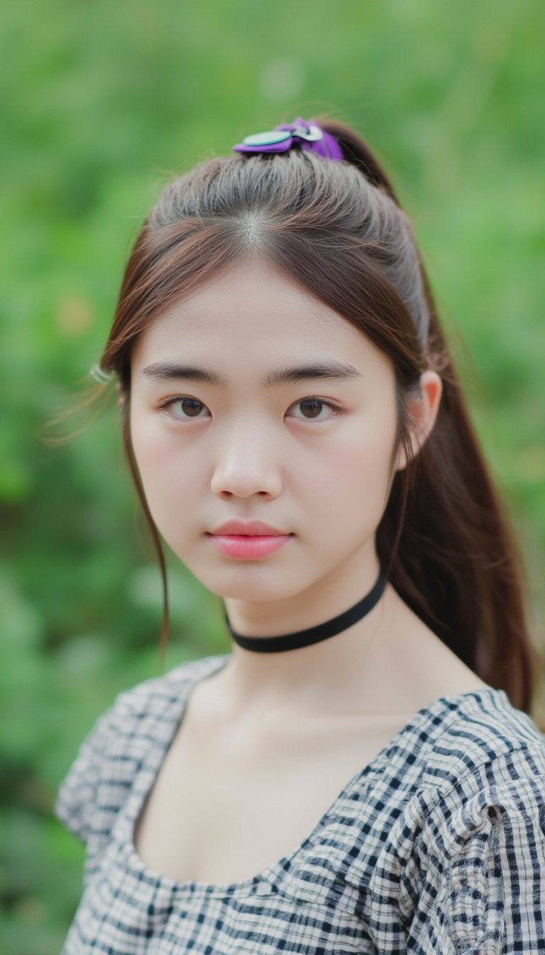 A young Asian woman's face fills the frame as she gazes directly into the camera. Her long brown hair is tied back in a sleek ponytail, secured with a purple barrette at the crown. A black choker adorns her neck, complementing the black collar on her checkered short-sleeved shirt. The blurred greenery backdrop creates a sense of depth and serenity around her features.