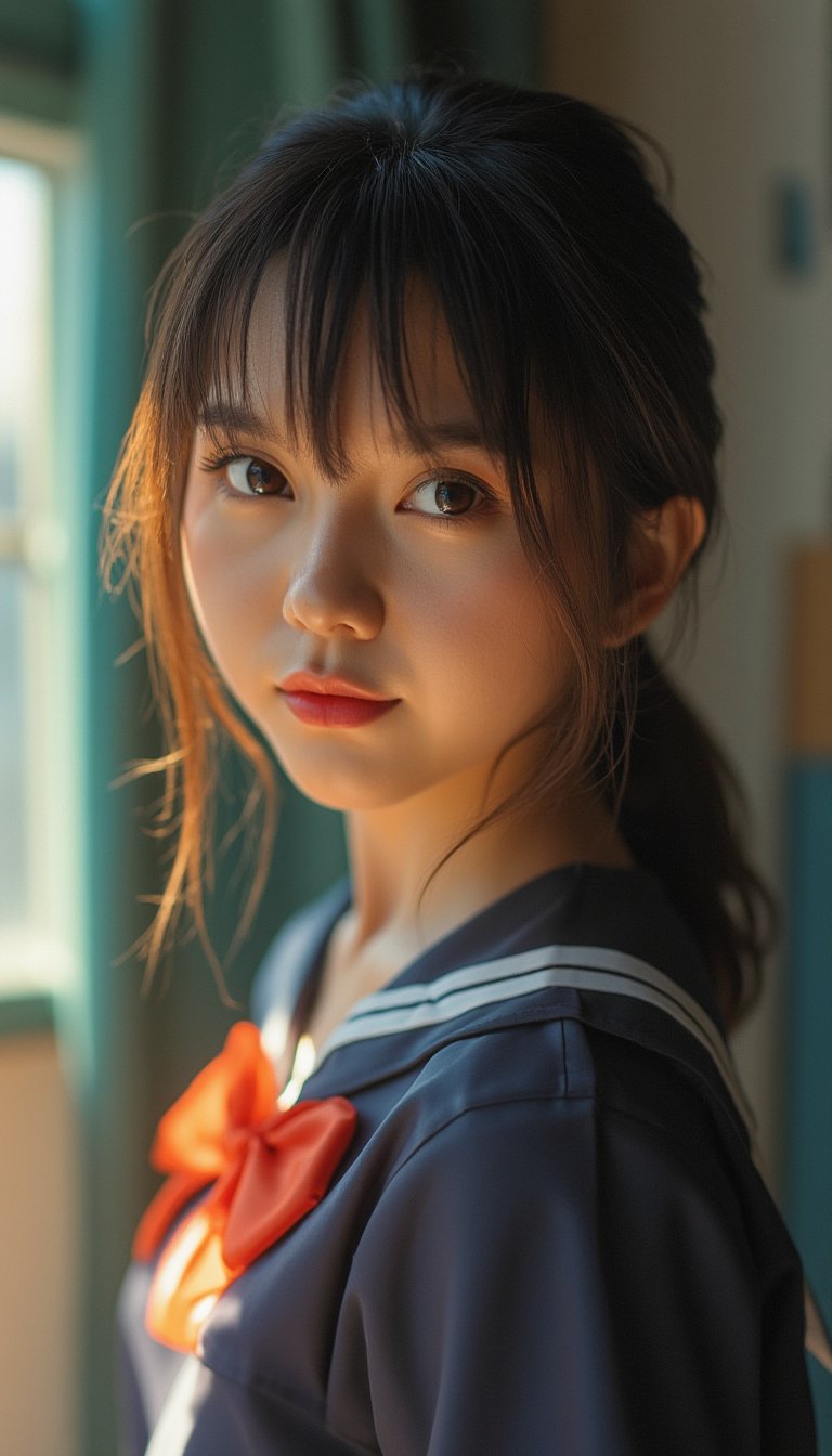 A stunning portrait of a girl in her school uniform, captured in exquisite detail. She stands tall, with a subtle smile playing on her lips, which are painted with precision and subtlety. Her eyes, a window to her soul, are breathtakingly beautiful, with delicate eyelashes framing each gaze. The cinematic lighting casts a warm glow, accentuating the muted colors of her uniform and the surrounding environment. Every aspect of this masterpiece is meticulously rendered in photorealistic 8K clarity, making it a true work of art that transcends reality.