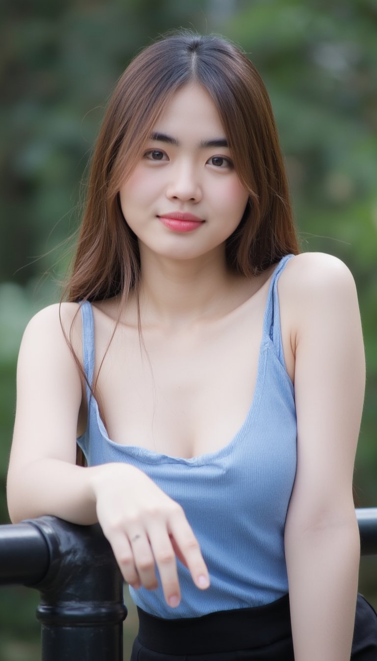 A close-up shot of a young Asian woman with long brown hair, wearing a light blue sleeveless top and a black skirt. She is leaning on a black metal fence, her left arm resting on the fence post. The background is blurred, creating a soft focus on the woman's face. The woman's right arm is slightly bent at the elbow, adding a touch of balance to her body.