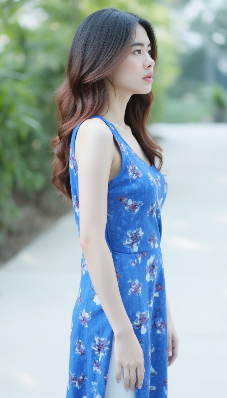 A young Asian woman stands on a white sidewalk, her left arm resting on her hip. She is facing the right side of the frame, her right arm is slightly bent at the elbow. Her left arm is draped in a sleeveless blue dress, adorned with a pattern of blue and white flowers. Her brown hair is cascading down her back, adding a pop of color to her face. The backdrop is blurred, creating a stark contrast to the woman's dress.