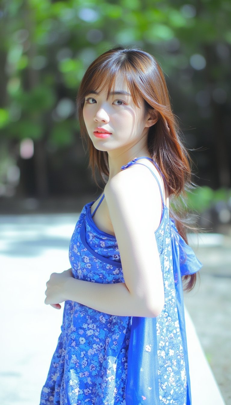 A young Asian woman stands on a white sidewalk, her left arm resting on her hip. She is facing the right side of the frame, her right arm is slightly bent at the elbow. Her left arm is draped in a sleeveless blue dress, adorned with a pattern of blue and white flowers. Her brown hair is cascading down her back, adding a pop of color to her face. The backdrop is blurred, creating a stark contrast to the woman's dress.