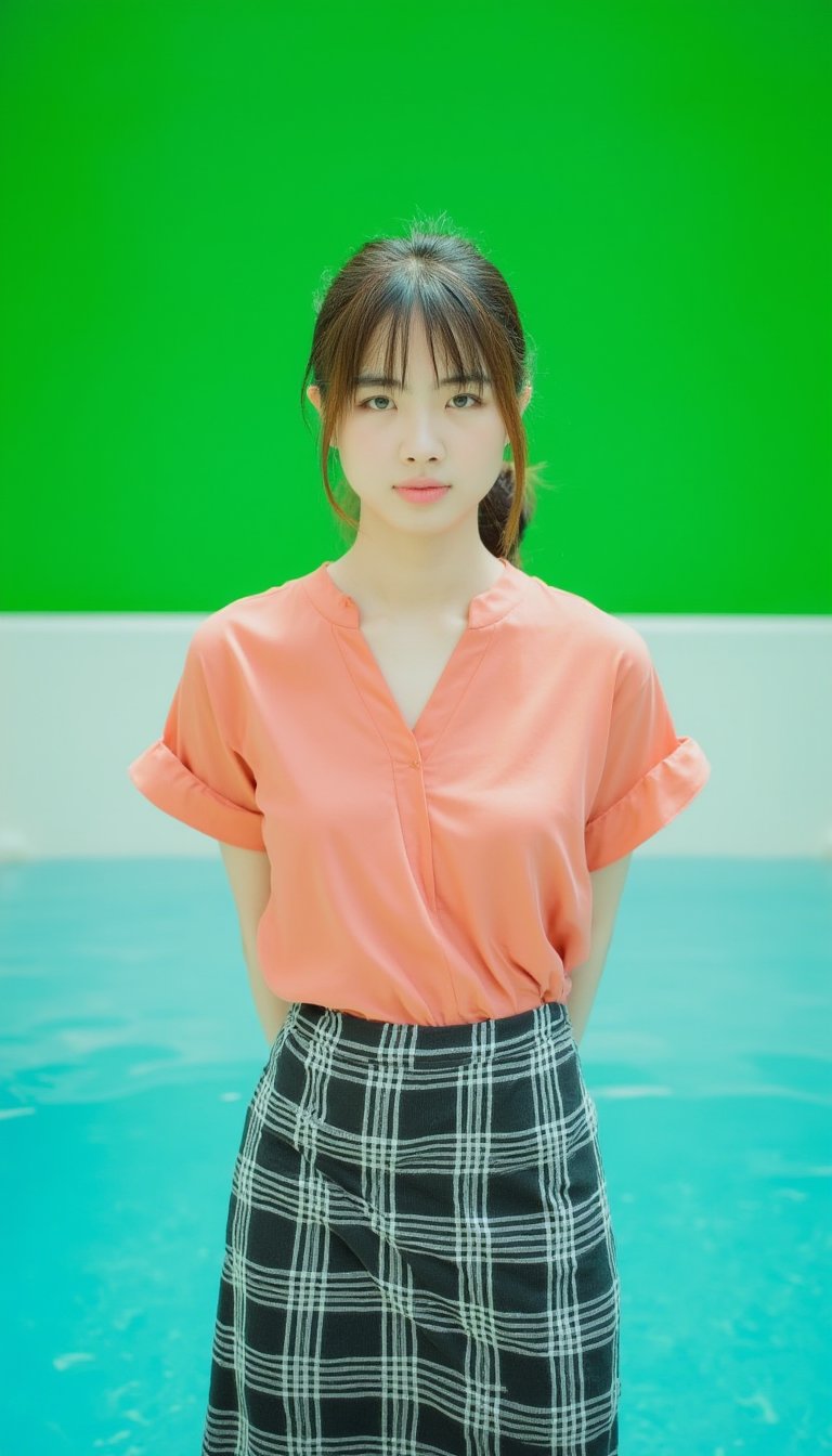 a young Asian woman stands in front of a pool of water. She is dressed in a salmon colored short-sleeved blouse and a black and white plaid skirt. Her hair is pulled back in a ponytail, adding a touch of color to her outfit. The backdrop is a vibrant shade of green, providing a soft glow to the scene.