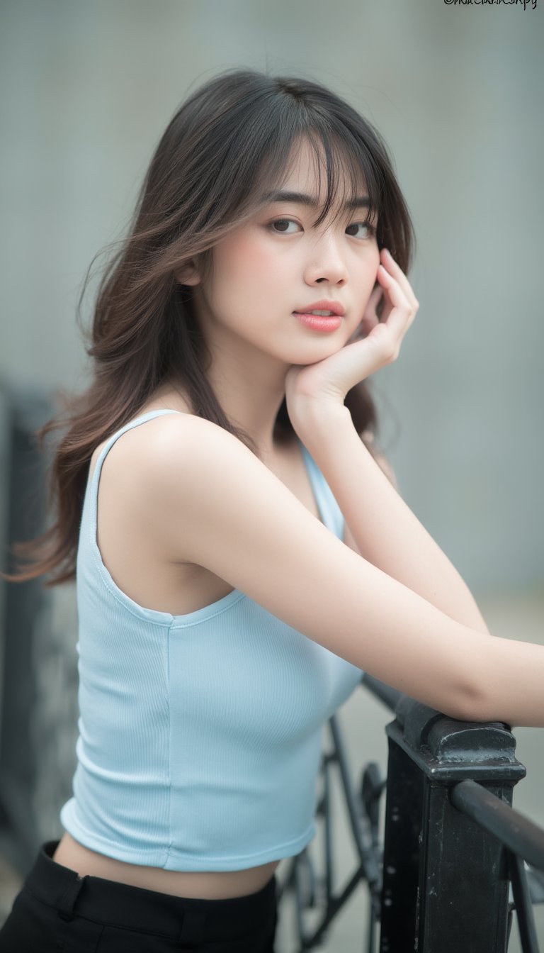 A close-up shot of a young Asian woman with long brown hair, wearing a light blue sleeveless top and a black skirt. She is leaning on a black metal fence, her left arm resting on the fence post. The background is blurred, creating a soft focus on the woman's face. The woman's right arm is slightly bent at the elbow, adding a touch of balance to her body.