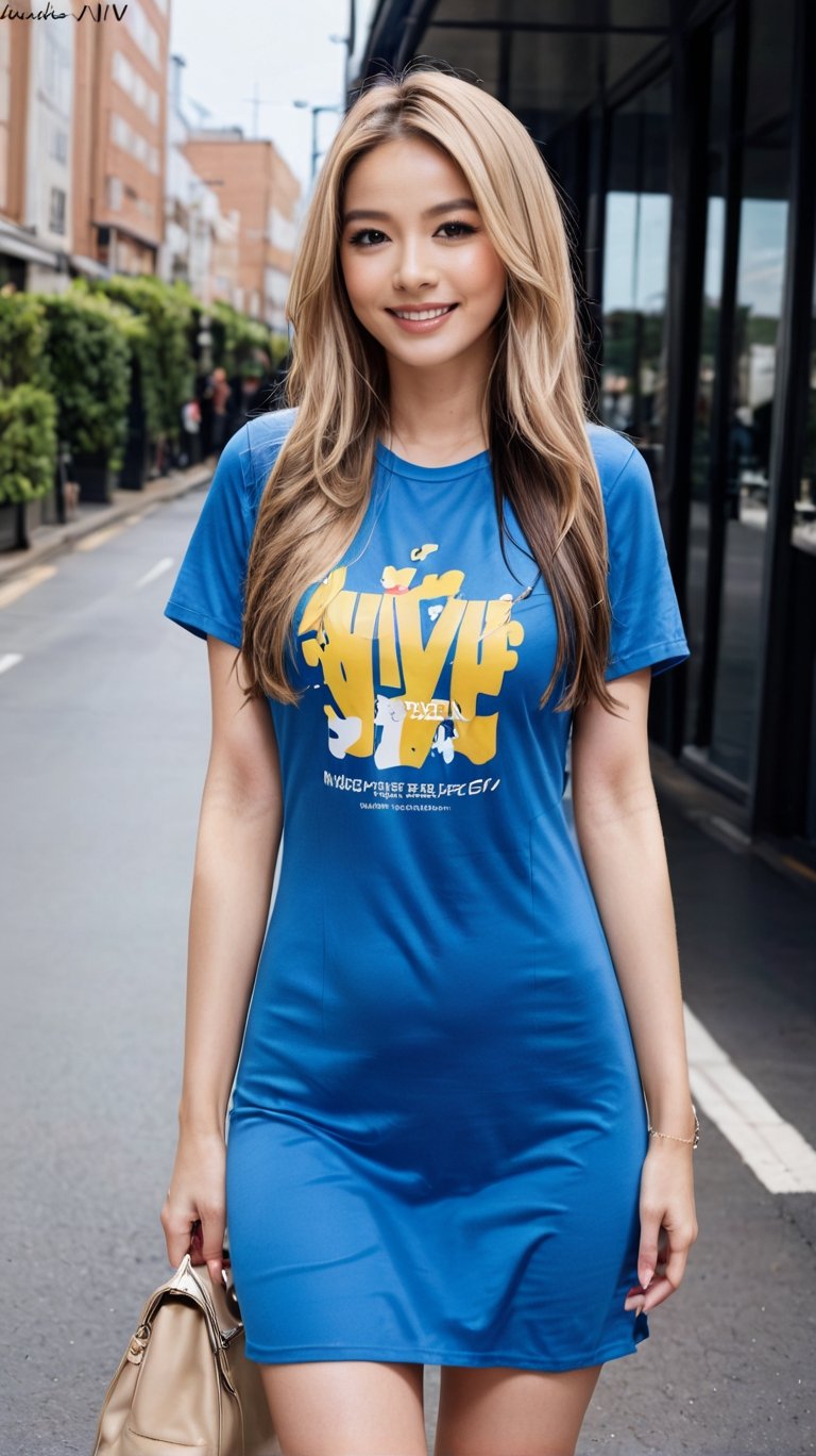 (masterpiece), 1girl, long hair, blond hair, (smile:0.5), t-shirt dress, Ivi