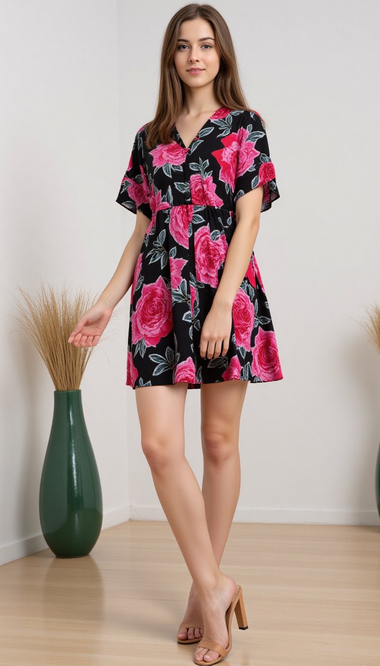 A slender young woman stands confidently on corporate room, donning a striking fabric flower dress . Her hair is long brown, drawing attention to her slender figure.,boyfriendshirt