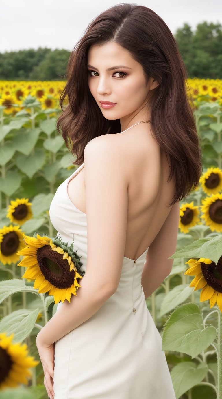  A beautiful woman. Sunflower field. Best Quality, Crazy Details and Sharp Focus, Masterpiece, Professional, Award Winning, Fine Detail, High Detail, UHD, 64k, Soft Look