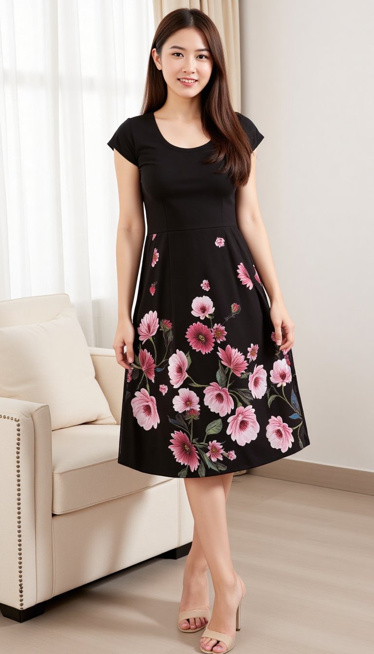 A slender young woman stands confidently on corporate room, donning a striking fabric flower living dress . Her hair is long brown, drawing attention to her slender figure.,boyfriendshirt,d4st3r