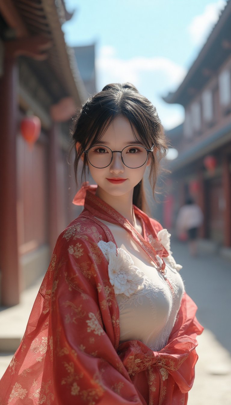 {{masterpiece, best quality, extremely detailed CG, unity 8k wallpaper, cinematic lighting}}, traditional Chinese realistic photography, 1girl, young woman, full body, ancient architecture, blue sky, sunny day, wooden architecture, prominent protagonist, smile, big eyes, beautiful detailed eyes, looking at the audience, long eyelashes, eyeglasses