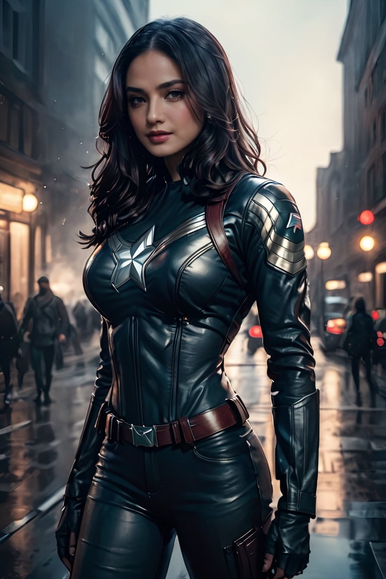 photo realistic, full body (Sarah Jordan), dressed in a very tight Captain America suit, black hair, long wavy hair (tetradic colors), no mask, night city background, inkpunk, full shot, cel-shading style, centered image, ultra detailed illustration, ink lines, strong contours, art nouveau, MSchiffer art, bold strokes, no frame, high contrast, cellular shading, vector, 32k resolution, best quality, procreation, watercolor technique, poster design, 300dpi, soft lighting, ethereal art, mysterious and serene expression, charming atmosphere, bokeh, photography, 8k, dark and dynamic action, pale faded style, dreamy nostalgic, soft focus, dark vignetting, light leaks, medium photography, art painting of shadows, ethereal photography, whimsical and rough grain