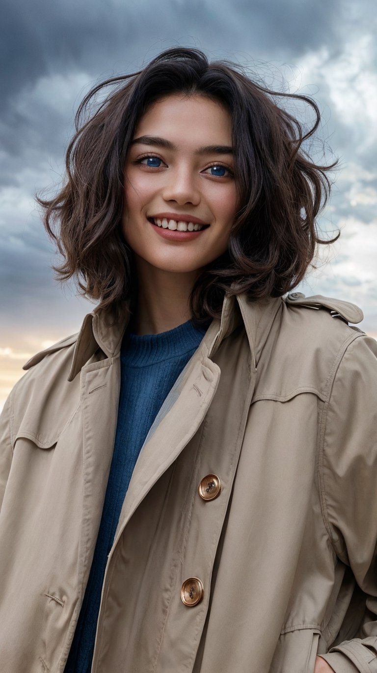 a cute little girl with a round cherubic face blue eyes and short wavy light brown hair smiles,Quiff haircut,Outerwear Trench coat in a classic beige with a double-breasted closure.,Giving thumbs down,Goblin,Fashion shot,Sagrada Familia,Tallinn,Thunderstorm clouds with flashes of lightning,minimalistic sharp outlines glass translucency Curly electric field long exposure contour Swirling (Dilapidated iridescent mercury:1.1) veins in colored fiber optic hightly detailled perfect body back light ligth flow spread arms,detailed masterpiece most beautiful artwork in the world Ultrarealistic,split lighting