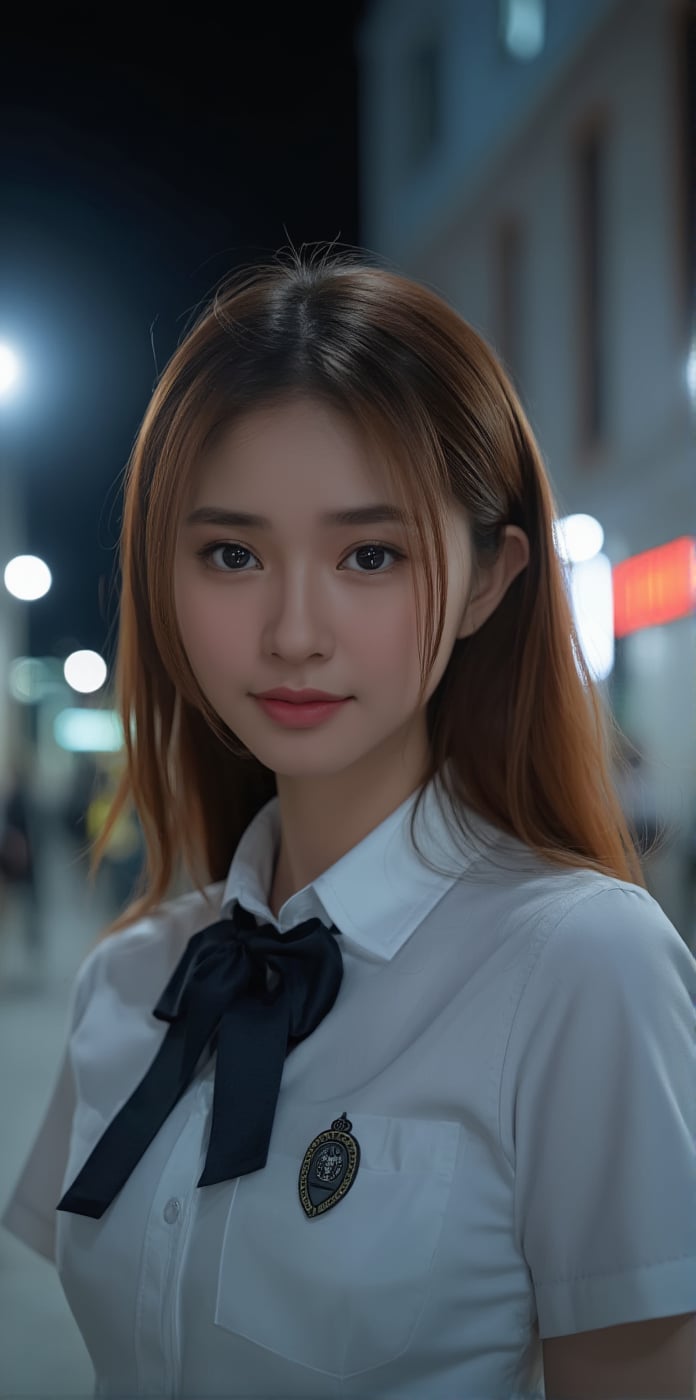 realistic, 1girl,(wearing a school uniform:1.4),(RAW photo, best quality), (realistic, photo-realistic:1.4), masterpiece, an extremely delicate and beautiful, extremely detailed, 2k wallpaper, Amazing, finely detail, extremely detailed CG unity 8k wallpaper, ultra-detailed, highres, soft light, beautiful detailed girl, extremely detailed eyes and face, beautiful detailed nose, beautiful detailed eyes,cinematic lighting,city lights at night,perfect anatomy,slender body,close up,(smiling),blonde hair,school uniform