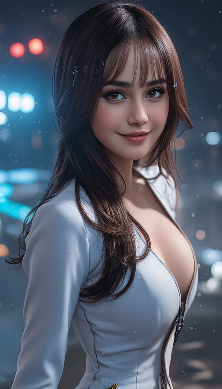 In this official art masterpiece, a stunning Korean woman stands out against a dark cityscape backdrop. Her sharp features are sharply focused, showcasing her beautiful, gorgeous, and cute facial structure. She wears a denim-white romper with a front zip, accentuating her slender figure. Delicate and detailed, her hair flows down her back like silk, framing her porcelain-pale skin and mesmerizing platinum pink locks. Her eyes sparkle like sapphires, shining bright as she flashes a radiant smile, revealing pearly whites. The cityscape behind her is alive with neon lights and dust particles, while the buildings in the distance fade into a misty blue glow. The overall scene is dynamic, with the subject's long straight hair whipping out around her, complete with tiny hair ornaments that catch the light.