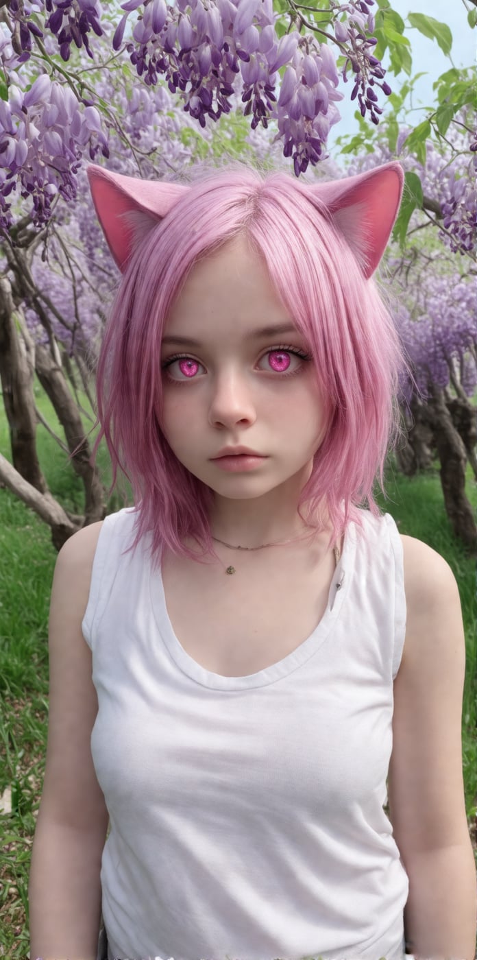 1girl, solo, cute girl with pink hair, pink eyes, wisteria flower background, soft natural light, cat ears, sleeveless white shirt, RAW candid cinema, 16mm, color graded portra 400 film, remarkable color, ultra realistic, textured skin, remarkable detailed pupils, realistic dull skin noise, visible skin detail, skin fuzz, dry skin, shot with cinematic camera