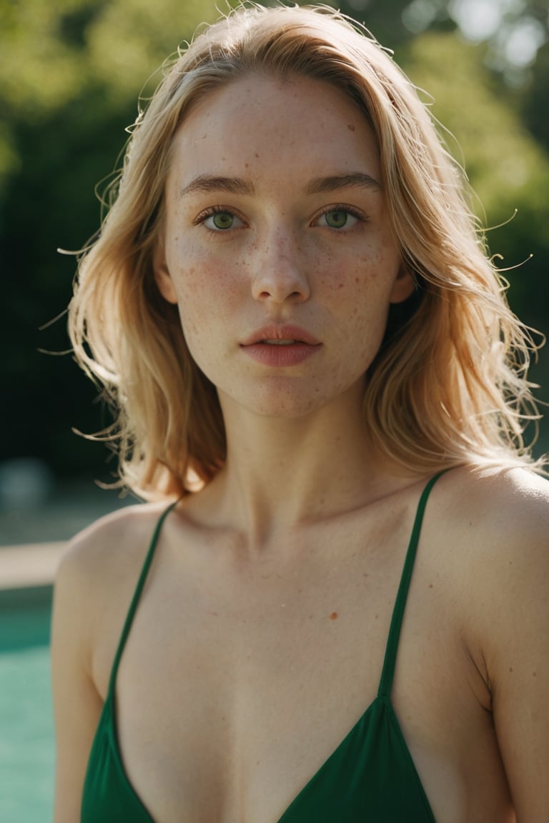 ((long shot)), detailed, image of a female model at a pool. She is (((removing her bikini))), big naked breasts, c-cup breasts, captured from a slightly distant, low-angle perspective. The model should be standing in a ((green outdoor environment)) camera in hands. She has an expressive face with dry, freckled skin, and her gaze is directed directly to the viewer in a seductive smirk, hinting at sex. 
Average looking girl, (thispersondoesnotexist.com),
The photo-style mimics an analog 50mm Leica camera with a low shutter speed, creating a subtle motion blur as if she's captured mid-movement.  The lighting is a blend of soft and side light, highlighting her skin's texture and the fabric's details. The model is showing a lot of her body and skin. The overall scene should evoke a sense of high fashion, with a realistic and RAW 8k quality. Side lighting. In the ((style of sean archer)). Posted on Reddit.Her big lush lips and long blonde straight hair adds to her Instagram model vibe, 
film grain. grainy. Sony A7III. photo r3al, 
, PORTRAIT PHOTO, 
Aligned eyes,  Iridescent Eyes,  (blush,  eye_wrinkles:0.6),  (goosebumps:0.5),  subsurface scattering,  ((skin pores)),  detailed skin texture,  textured skin,  realistic dull skin noise,  visible skin detail,  skin fuzz,  dry skin,  hyperdetailed face,  sharp picture,  sharp detailed,  analog grainy photo vintage,  Rembrandt lighting,  ultra focus,  illuminated face,  detailed face,  8k resolution,photo r3al,Extremely Realistic,Movie Still.
(((motion blur))), full body, from below, KNWLS, wide shot, distance, full-body, outside, unbalanced face, full body, highly detailed, dry skin, skin pores, looking away, detailed, run, analog, 50mm Leica, undershot, low shutter speed, super realistic, contrast, imperfect skin, soft light, (((side light))), dry skin, freckles, black fabric, wind, strangle, outdoor, High Fashion, model, vogue, RAW, contrast, 8k,Movie Still