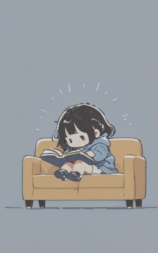 score_9,score_8_up,score_7_up,A little girl is lying on the sofa reading a book.with a braid.Blue hoodie , white shorts, ,alone ,exhausted,sider view,full body,extreme long shot ,Black hair ,contour drawing ,Simple blue background,txznmk,chibi