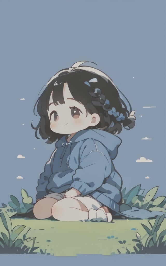 score_9,score_8_up,score_7_up,A little girl lying on the grass with a braid.Blue hoodie ,smile, white shorts, behind head,alone ,sider view,full body,extreme long shot ,Black hair ,contour drawing, ,Simple blue background,txznmk,chibi