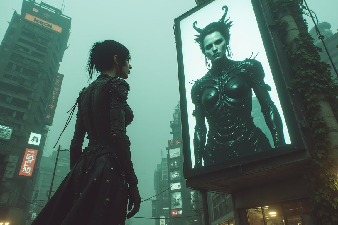 A digital artwork featuring a futuristic cityscape at dusk, where a cybernetic queen stands in the foreground. Clad in dark, form-fitting armor adorned with mechanical tendrils and cables that pulse faintly, she gazes up at a colossal digital billboard. The billboard displays a larger version of herself—her biomechanical crown-like headpiece and cold, expressionless face staring back at her with an eerie intensity. The city is alive with neon lights and advertisements, each flickering in the background as the towering skyscrapers loom over the streets. Vines creep up some of the buildings, nature quietly reclaiming spaces within the technological sprawl. The scene is bathed in a blend of dim overcast light and neon hues, creating a surreal, moody ambiance where technology and power converge in the form of this enigmatic, cold figure.