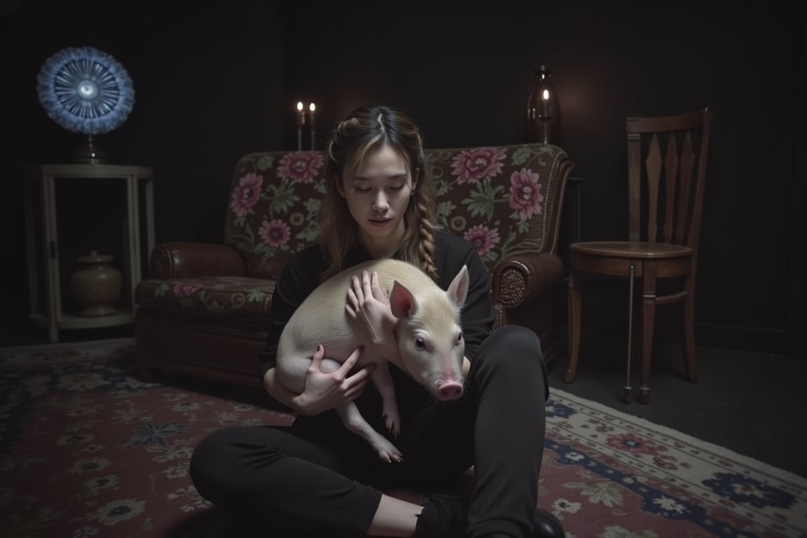 a beautiful asian woman is seated on the floor, holding a pig in her arms. The pig is a light brown color, with a white face and black eyes. The woman's hair is styled in a braid, and her hair is pulled back in a ponytail. She is wearing a black shirt, black pants, and black shoes. The couch she is sitting on is covered in a floral patterned fabric, and the rug beneath her is a patterned rug. To the right of the couch is a wooden chair, and a wooden table with a bottle on it. The backdrop is dark, and there are two candles on a table in the background.