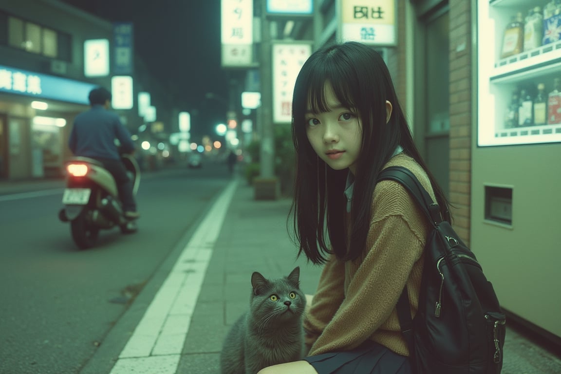 A young Japanese high school girl with long, raven-black hair sits on the sidewalk, her school uniform peeking beneath an oversized, cozy brown sweater. A worn black backpack rests beside her. She gazes curiously at a gray tabby cat sitting in front of a white vending machine, her wide eyes reflecting a soft, vintage hue. The scene feels timeless, captured in the faded, nostalgic tones of a lomo camera. In the blurred background, a man in a blue shirt whizzes by on a motorcycle, as Tokyo's neon lights flicker to life, their glow softened by the grainy lens.