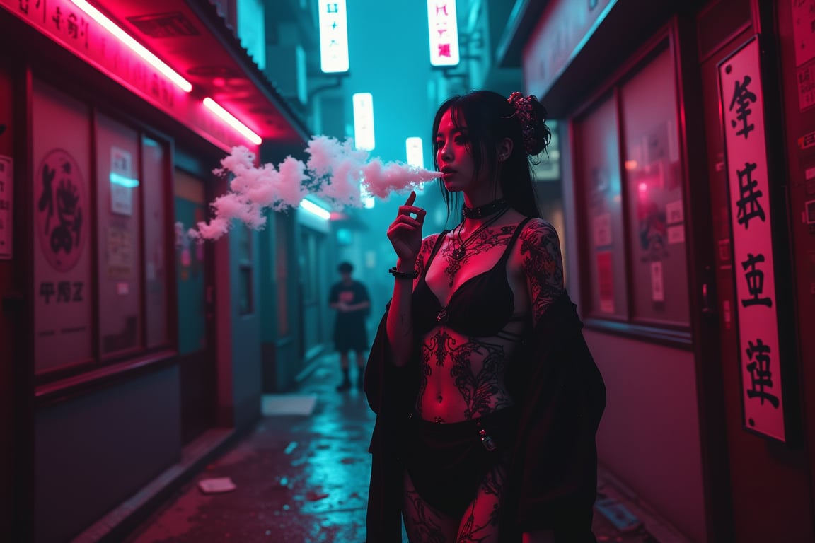 A dark, gritty alleyway bathed in vibrant neon hues, where sleek surfaces and sharp shadows converge. A cyborg geisha stands tall, her eyepatch glinting as she exhales smoke from an vape device. Her intricate tattoos seem to pulse with the neon lights, while the surrounding environment reflects the glow, amplifying the surreal, futuristic atmosphere.