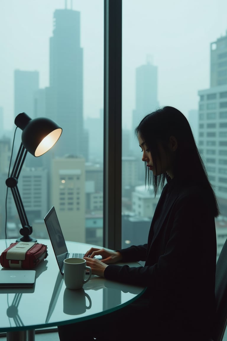 A woman with sleek black hair, dressed in a monochrome outfit, sits at a minimalist glass table in front of a floor-to-ceiling window overlooking a futuristic city skyline. She types on a sleek, silver laptop that glows with a soft, ambient light. A matte white coffee mug, a minimalist red and white bag, and a slim, modern tablet rest on the table. A streamlined black lamp on the left casts a soft, futuristic glow, subtly illuminating the clean, high-tech atmosphere.