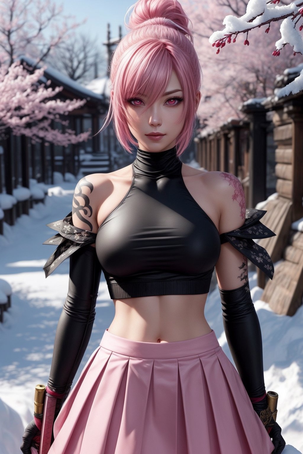 Riven,pink_hair,bun,pink_skirt,black_croptop_highneck,1girl,katana,Snow_cherry_blossom,snow,More Detail,bare_shoulder,tattoo,fight,pink_aura,cute,detailed_face,detailed_hair,pink_pupils