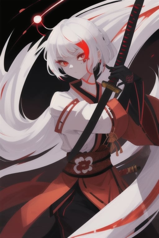 woman, miko, katana, oni, tatto, white hair, red eyes, glow eye, late night background 