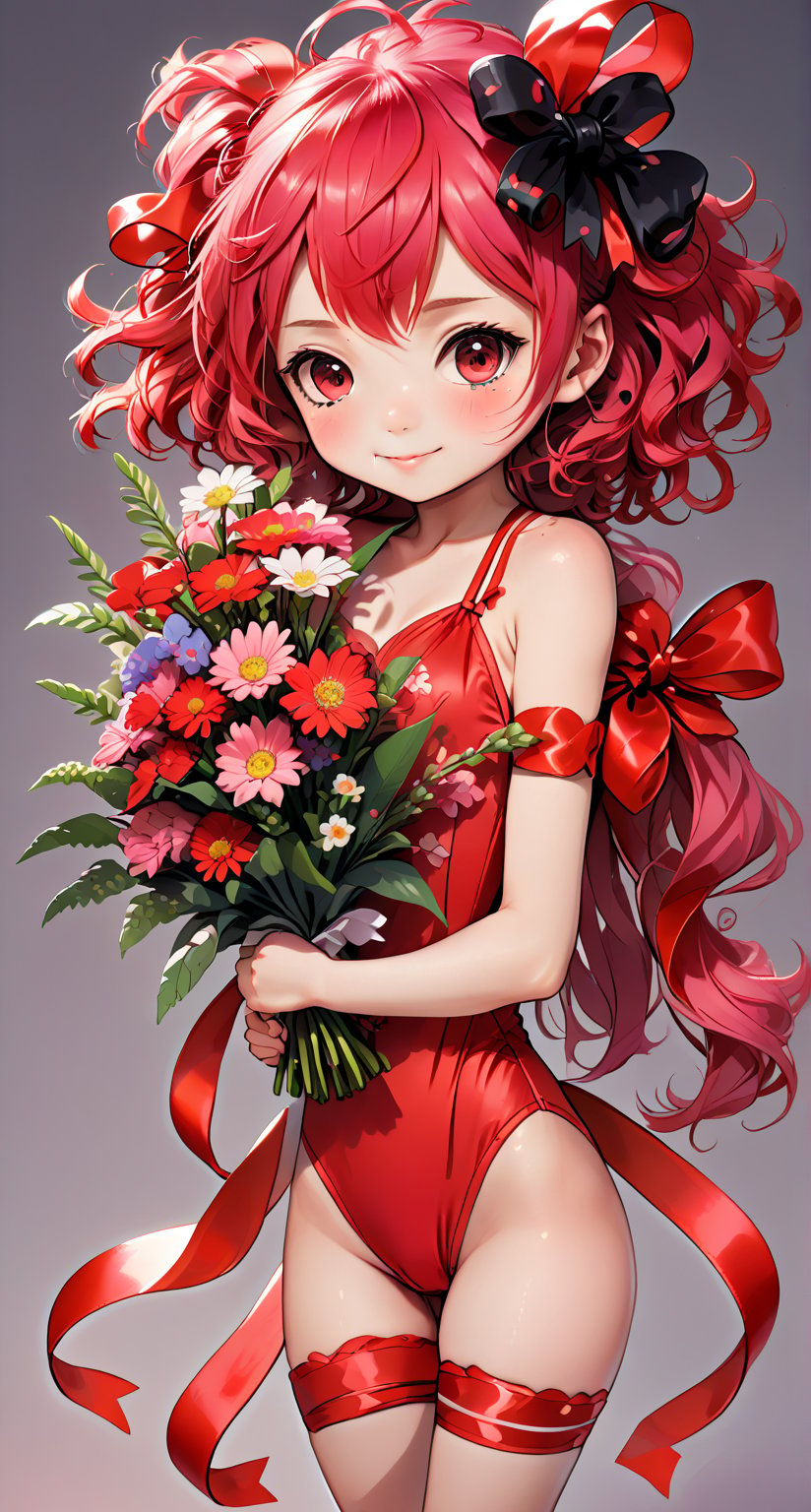 A lively cute chibi pink hair anime girl dressed in a red one-piece, red big ribbon, holding a bouquet. holds an air of joy and joy under her skin,