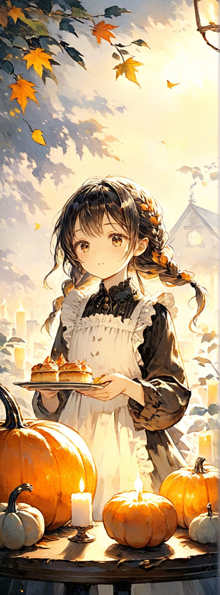 Title: "Harvest Moon Serenade"
Subtitle: "A Sweet Symphony of Autumn Magic"

In the tranquil embrace of an autumn night, a charming chibi anime girl graces the scene, her braided hair cascading in delicate twists. She stands before a table adorned with the bounty of the season, holding aloft two pumpkin pies with a sense of pride and joy. The flickering glow of candles illuminates her features, casting a warm light on her serene expression.

Dressed in a quaint apron that exudes a sense of nostalgia, the girl radiates a sense of innocence and charm. The frills of her apron flutter gently in the crisp night air, adding a touch of whimsy to her ensemble. Her twinkling brown eyes mirror the soft glow of the candles, reflecting the magic of the autumn night that surrounds her.

The table before her is a feast for the senses, adorned with an array of pumpkins and candles that cast dancing shadows across the scene. The warm scent of freshly baked pumpkin pies fills the air, mingling with the sweet aroma of cinnamon and spice. A lone rabbit sits nearby, its curious gaze adding a sense of playfulness to the tableau.

In the background, leaves gently cascade from the trees, their vibrant colors a stark contrast to the darkened sky above. The rustling of the leaves adds a sense of movement to the scene, a whisper of nature's presence in this tranquil moment. The hushed stillness of the night is broken only by the gentle crackle of the candles and the soft rustle of the leaves.

Authored by kyo8sai, this magnificent creation stands as a testament to the artist's creative prowess and was brought to life on 2024-10-02.The painting is signed 'kyo8sai' on the edge.

As the girl stands amidst this tableau of autumn delights, a sense of peace and contentment washes over the viewer. The beauty of the scene is not just in the visual elements, but in the emotions it evokes – a sense of warmth, of togetherness, of gratitude for the simple joys of life. In this moment of serenity, the girl's offering of beauty is a reminder of the magic that can be found in the most ordinary of moments, a celebration of the season's bounty and the joy of sharing it with others.