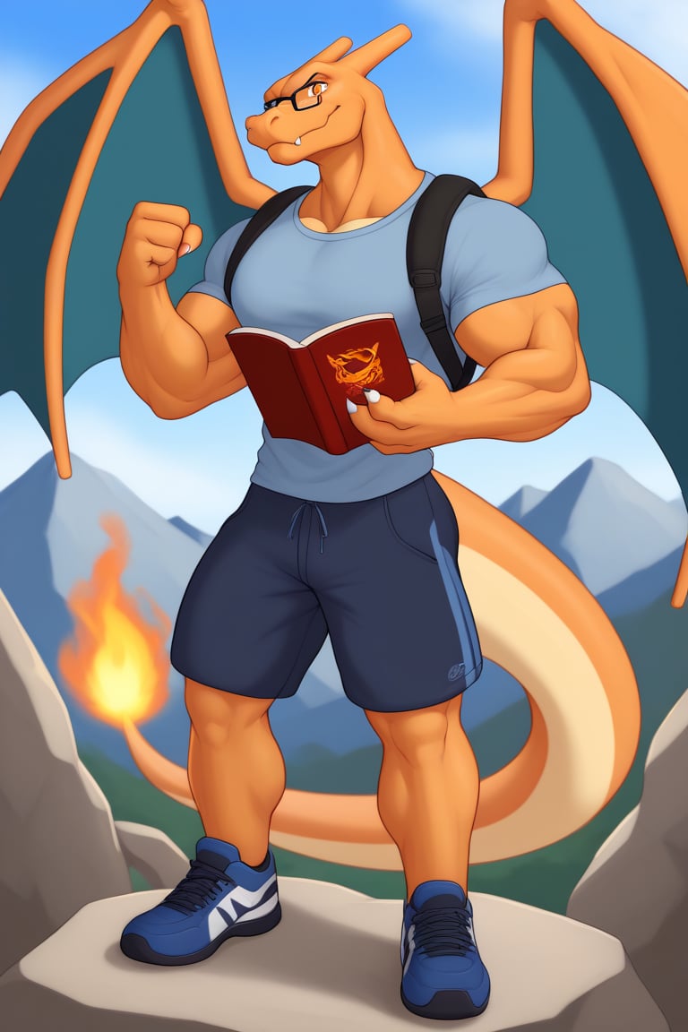 CharizardXL, Charizard, Perfect eyes, muscle, big muscle, big body, huge body, orange eyes, Furry Mix, mountain peak background, standing one foot on the rock, look to the horizon, 3 fingers, wear glasses, wear a big backpack, wear dark blue hiking shoes, wear shorts with pockets, wear hiking t-shirt, crossed arms, reading book, flexing hands